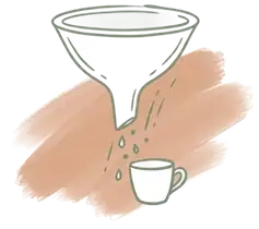 Leaky funnel illustration, traffic pours in but misses the cup